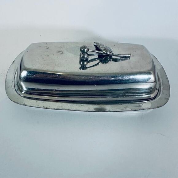 MCM Silver Plated Butter Dish w/Glass butter Tray Pewter Berry & Leaf Handle VTG - Picture 16 of 16